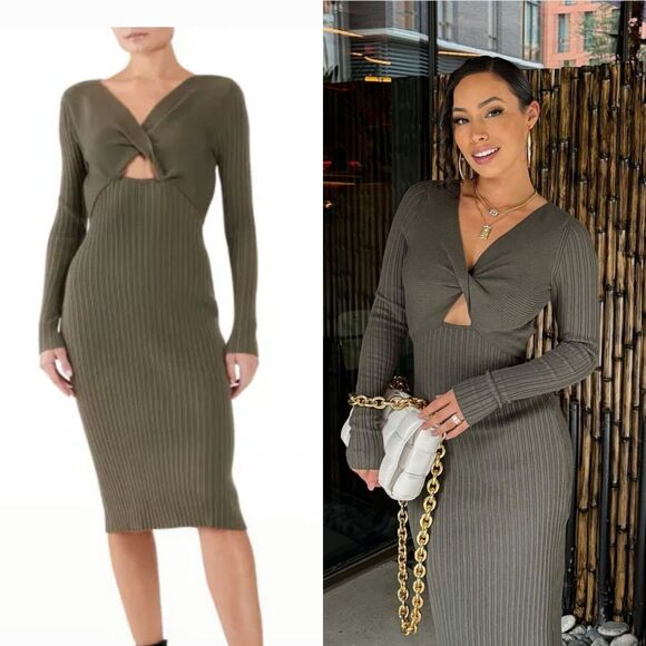 RAMY BROOK Pilar Cut Out Stretch Knit Ribbed Sweater Midi Dress Large In Olive - Picture 1 of 14